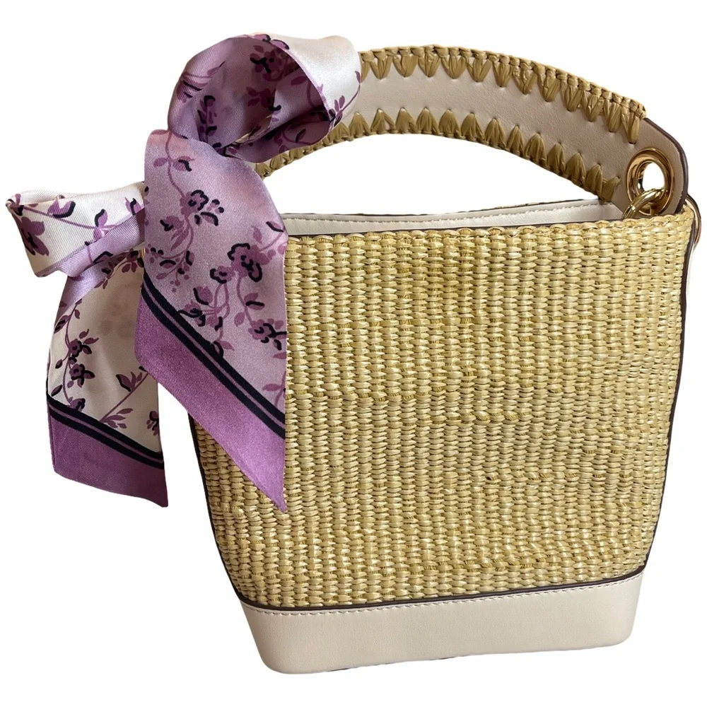 Elegant Straw Crossbody Tote with Floral Scarf Accent and matching coin purse.